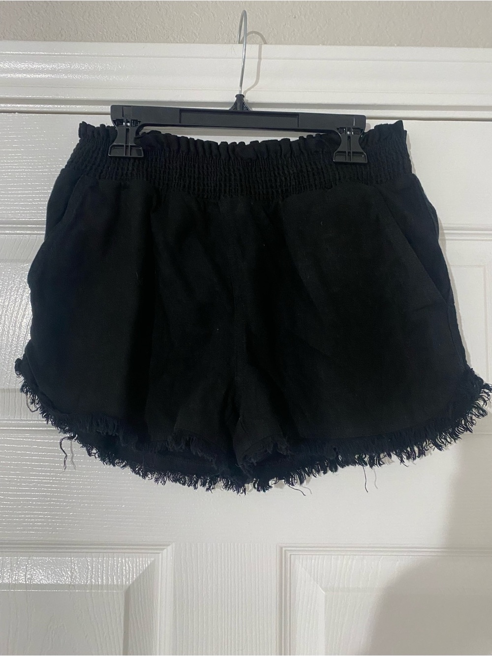True Craft Black High-Waist Smocked Shorts with Frayed Hem